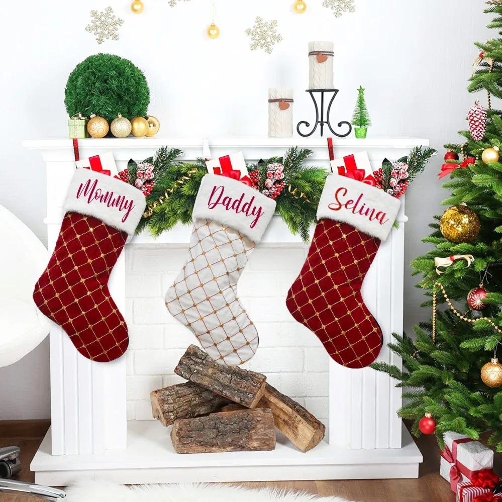 Medias de Navidad personalizadas con nombre de la familia, medias de terciopelo rojo, regalo de Navidad