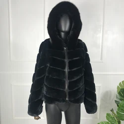 Black Hooded Rex Rabbit Fur Coat Jacket Women Chinchilla Colored Short Rabbit Fur Coat Women New Fashion Warm Winter Outwear