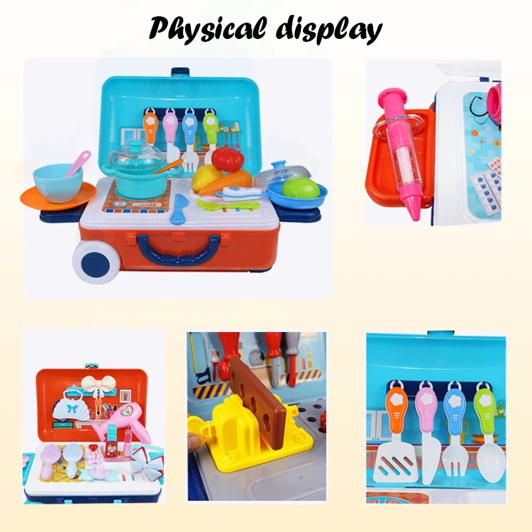 Maison de jeu de simulation de jouets de cuisine pour enfants, outils portables de beauté, ustensiles de cuisine, vaisselle, étui à roulettes, kit médical pour filles