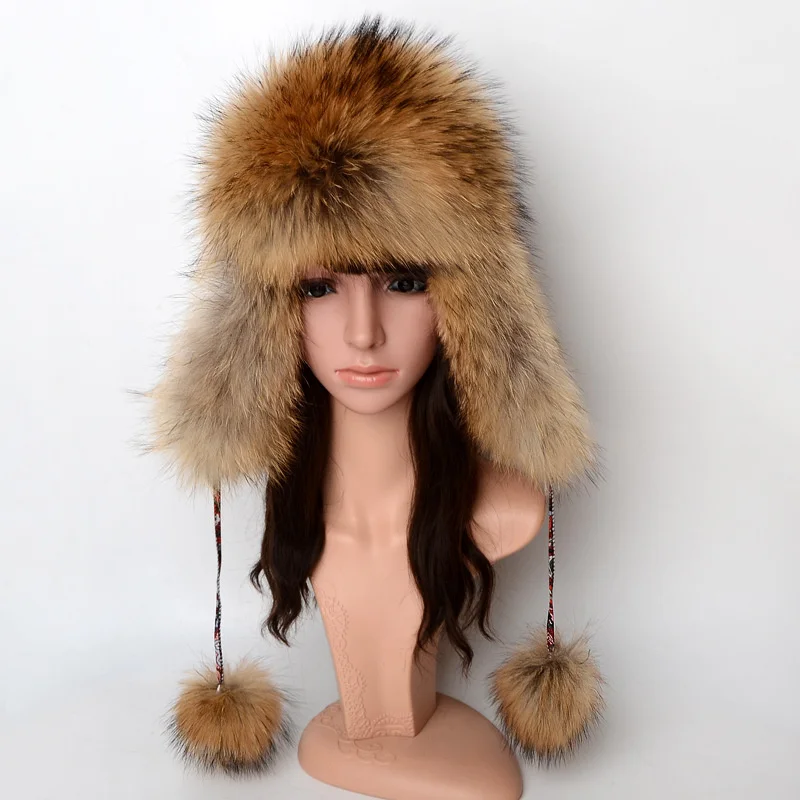 Natural Raccoon Fur  Pom Pom Winter Hats For Women 2021Luxury Russian Fur Hat Warm Real Fox Fur Female Hat Fashion New Arrival