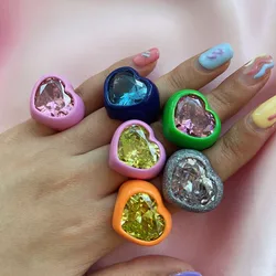 New Ins Creative Cute Colorful Enamel Spray Heart Ring Simple Color Rhinestone Rings For Women Girls Fashion Jewelry Gift