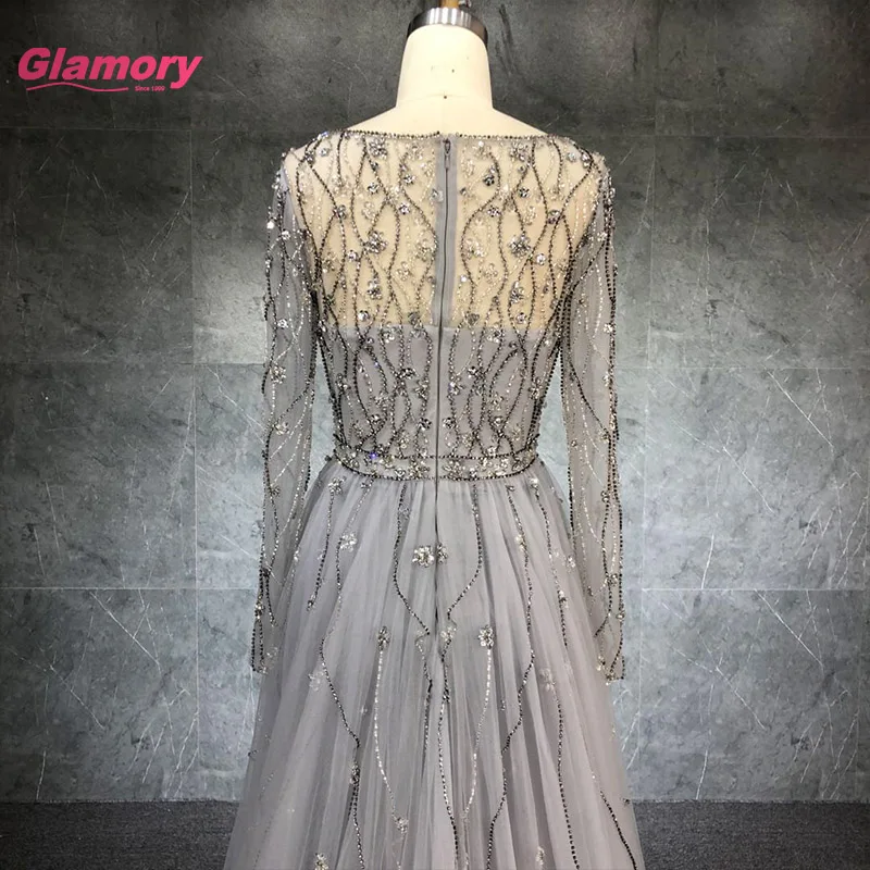 Hot Sale New Design Tulle Prom Dress Long Sleeve Evening Dresses With Crystal Beading