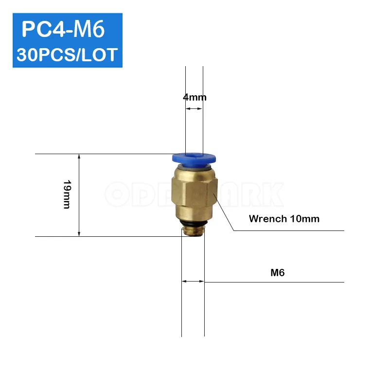 HIGH QUALITY 30PCS PC4-M6, 4mm to M6 Pneumatic Connectors male straight one-touch fittings