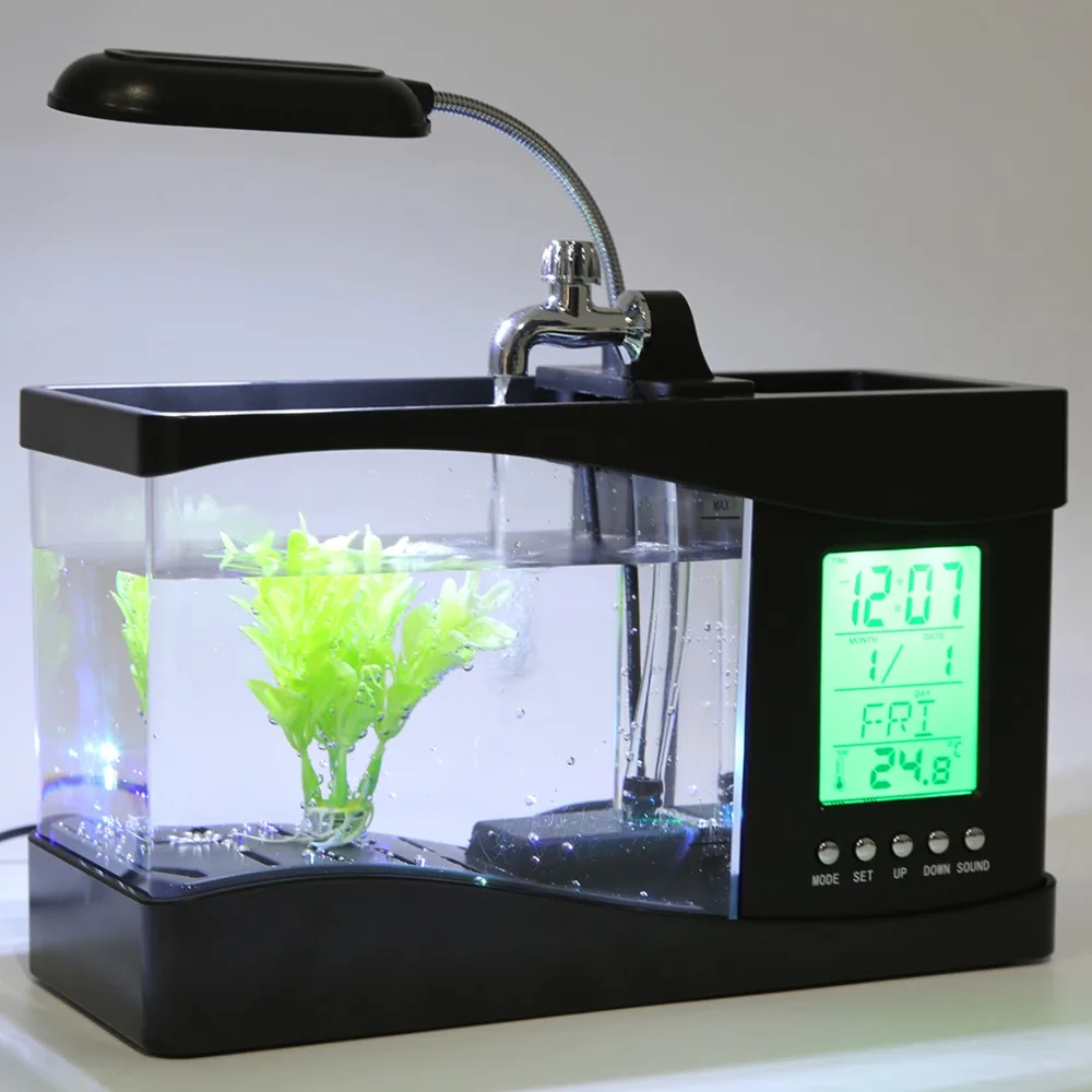 1PCDC 5V USB Desktop Mini Fish Tank Aquarium LCD Timer Clock LED Lamp Light Black Color 24 * 10 * 14cm