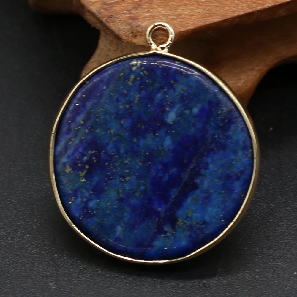 1pc Lapis Lazuli Natural Stone Round Gold-plated Gilt Pendant Craft Jewelry MakingDIY Necklace Earring Accessory Gift Party