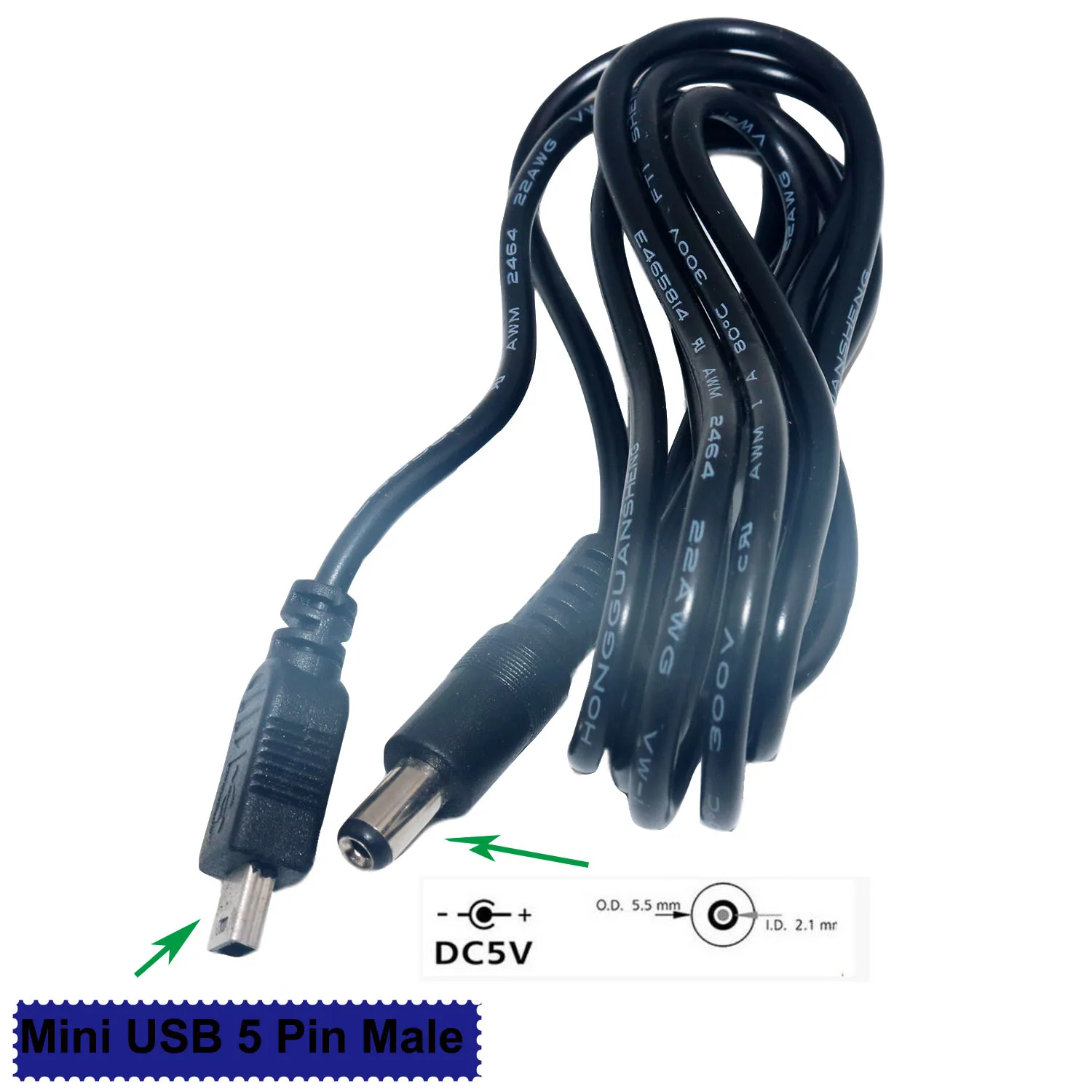 Adaptador de fuente de alimentación CC, conector macho de 5,5mm x 2,1mm, enchufe a Mini USB, Cable de carga macho de 5 pines, 5 pies, 1,5 m