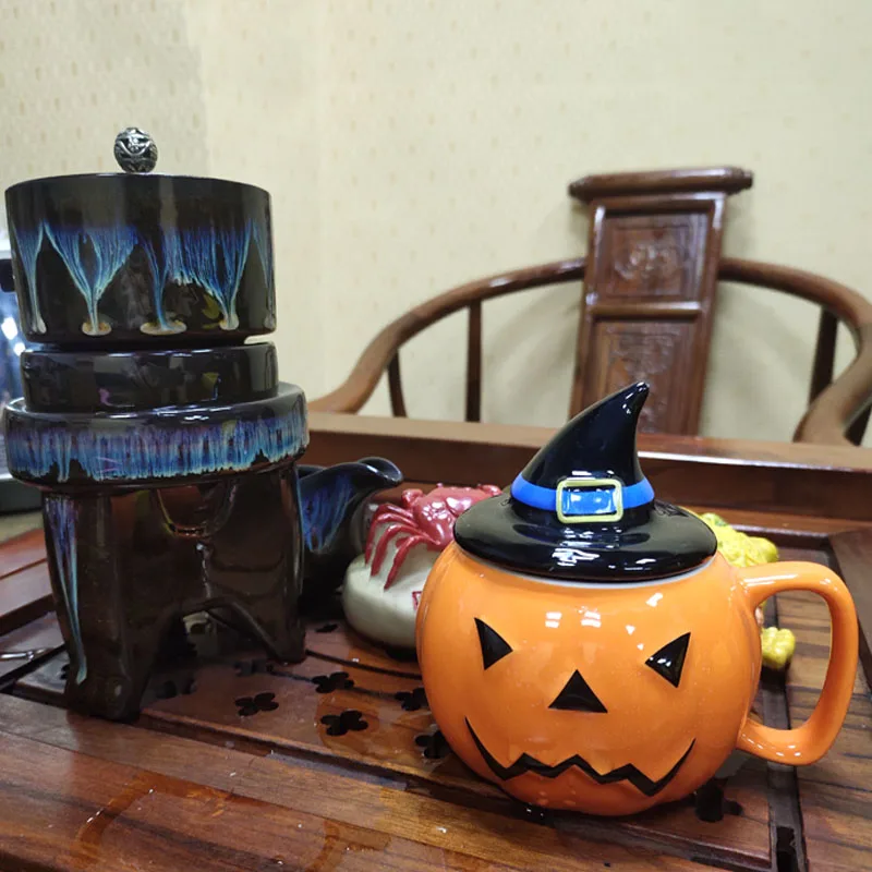 Halloween Ceramic Mug Pumpkin Imp Shaped Coffee Cup Breakfast With Lid Cup Spoon Cartoon Cup Holiday Gift Cup