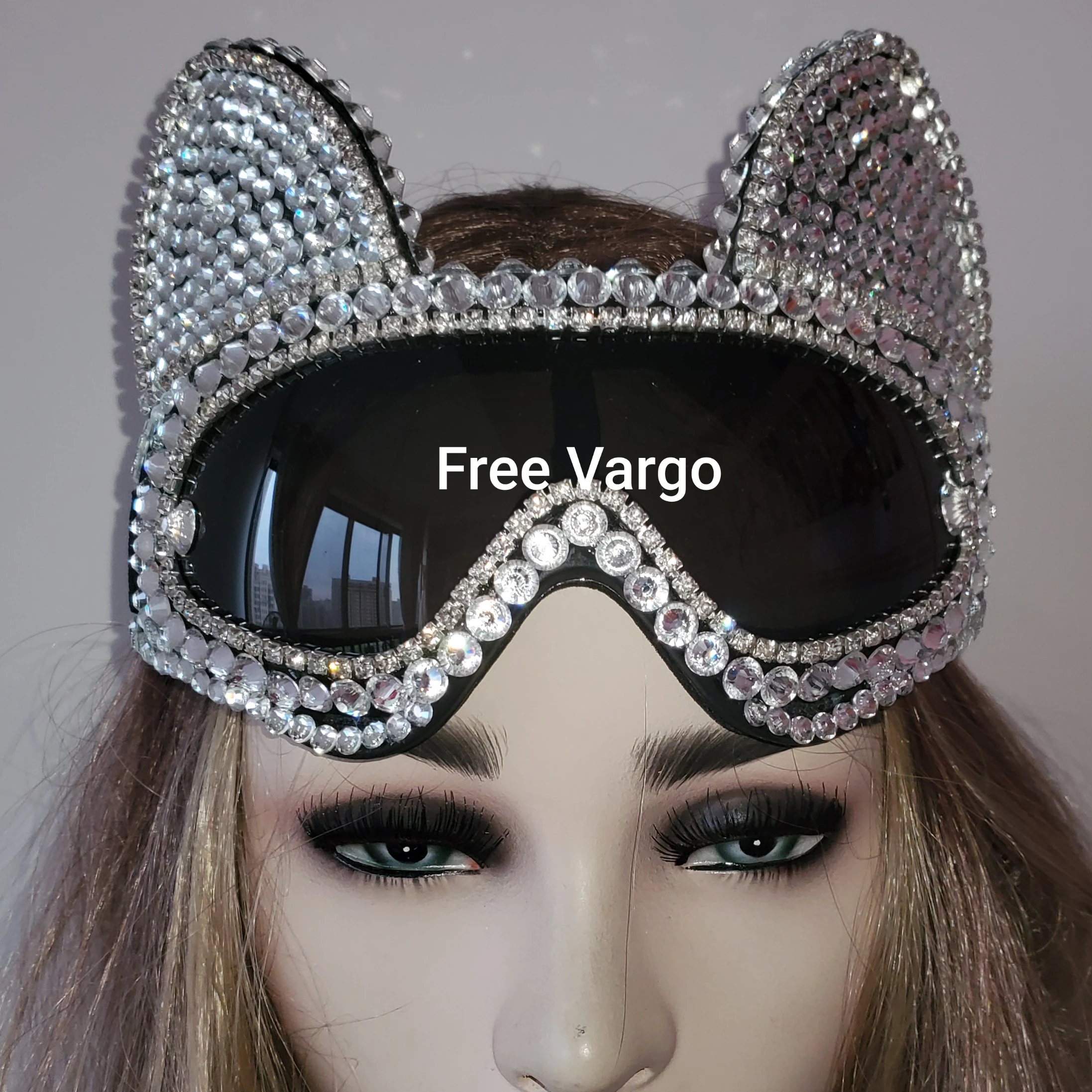 Holographic Rhinestone Silver Cat Burning Man Goggle Festival Mask Costume Headpiece Cyber Goggles Stage Dj EDM EDC Rave Costume