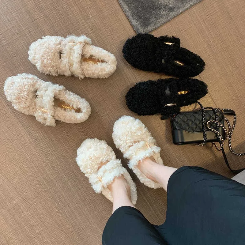 Hairy Shoes Women's Autumn and Winter Fashion 2021 New Style Flat-bottomed Curly Lamb Hair Plus Velvet Loafers Single Shoes