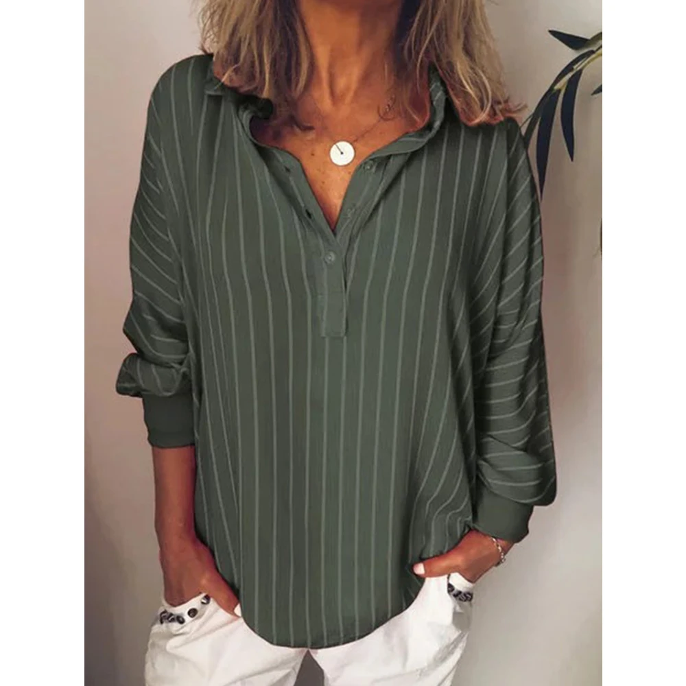 Donna di modo di estate camicette stripe Allentato Casual A Righe Button Risvolto Camicia A Maniche Lunghe ragazza Top button Camicetta