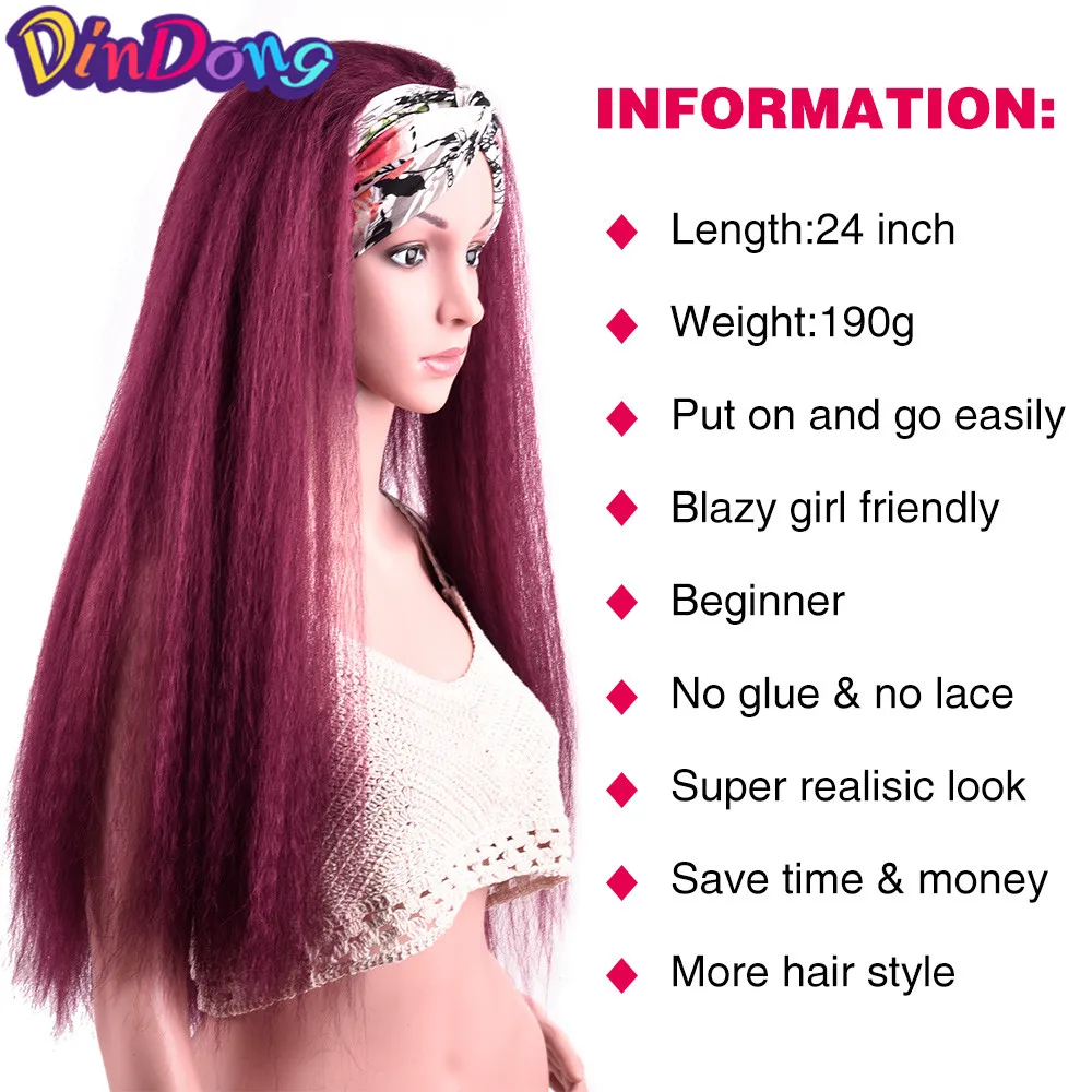 DinDong Kinky Straight Headband Wigs Heat Resistant Synthetic Hair Wig Machine Made Wig For Black Women