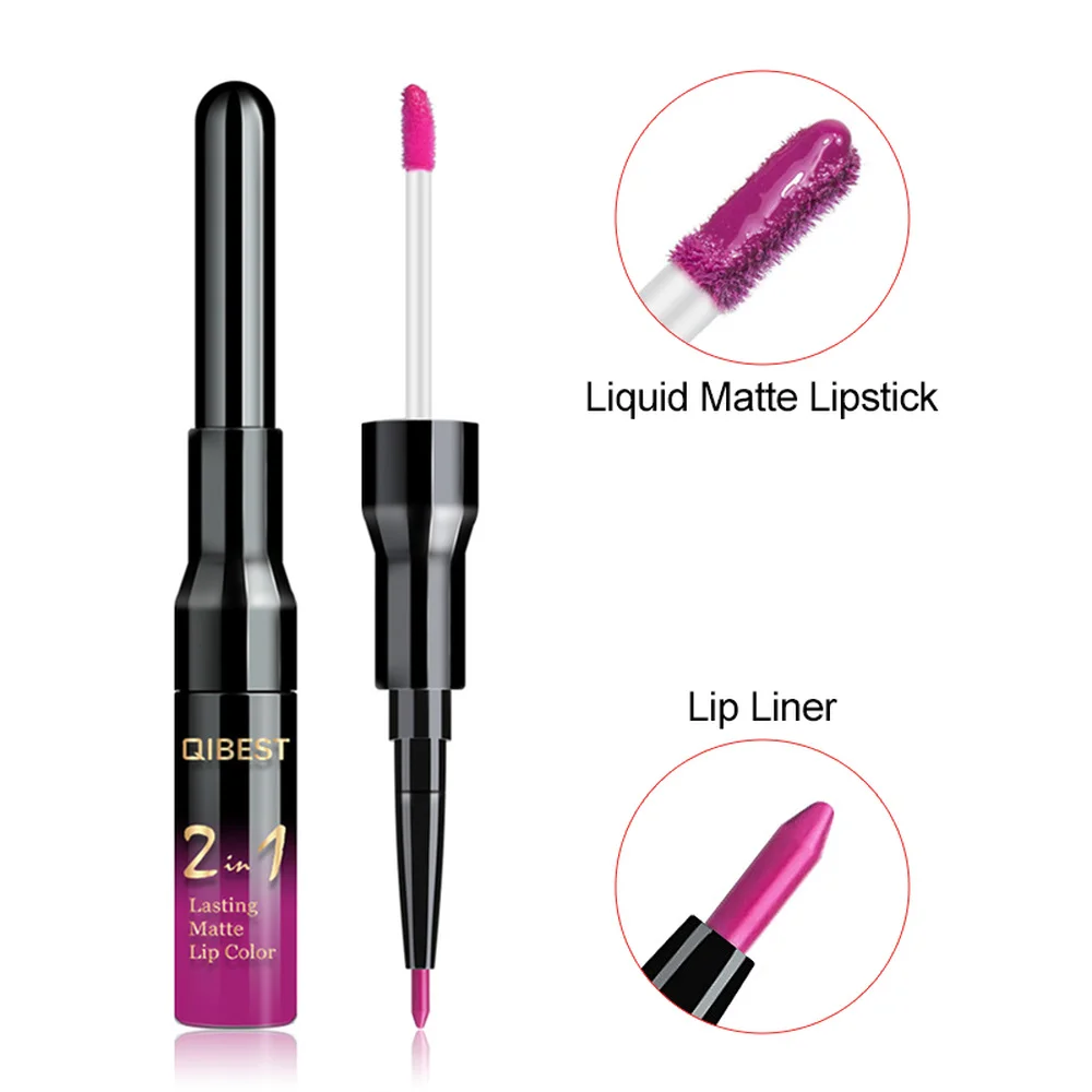 Qibest Double Head Lip Gloss Tint Liner กันน้ำ Nude แต่งหน้า Lipgloss ยาวนาน Matt สีม่วงสีแดง Liquid ลิปสติก