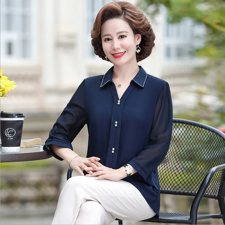 

Women Autumn Chiffon Shirt Tops Camisa Solid Nine Quarter Turn-Down Collar For Middle-Aged Mother Pullover Blouses