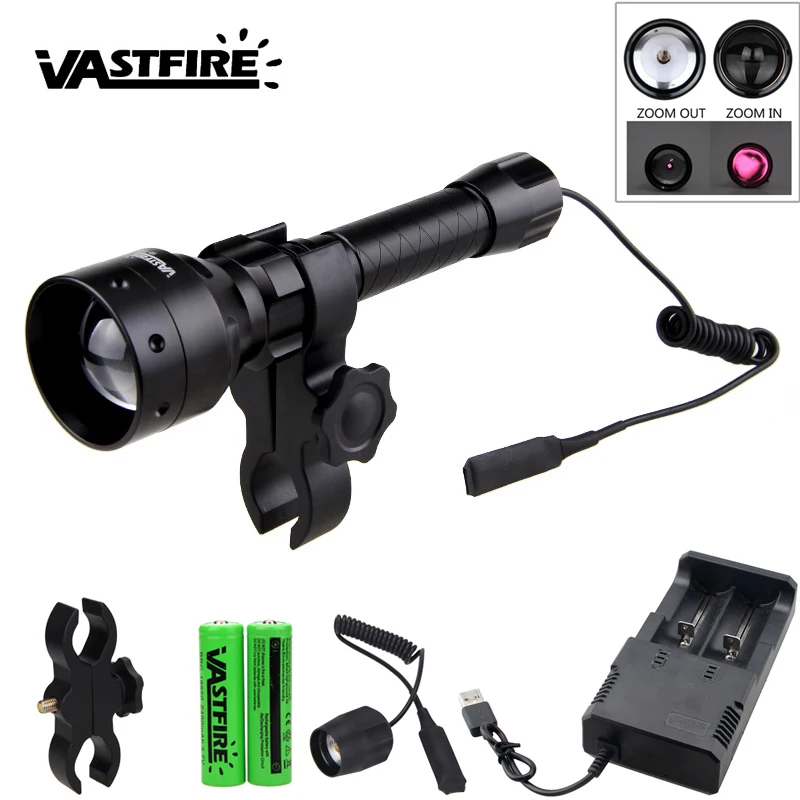 T50 IR 850nm Hunting Flashlight Night Vision Infrared Weapon Gun Light 50MM Lens IR Scout Lamp+Rifle Mount+Switch+18650+Charger