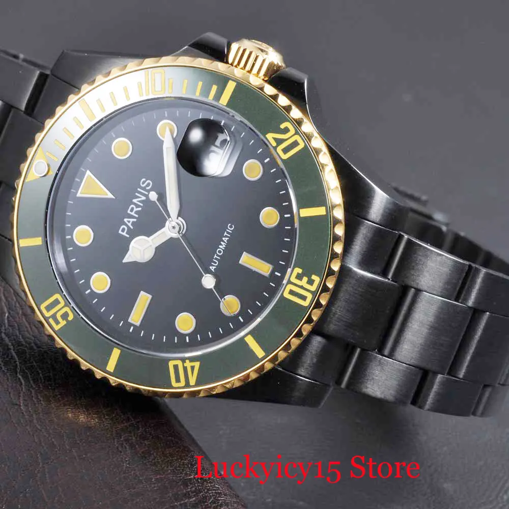 PARNIS Whole Black PVD Men Wristwatch Date Window 40mm Sapphire Glass Date Green Rotating Bezel Automatic Movement