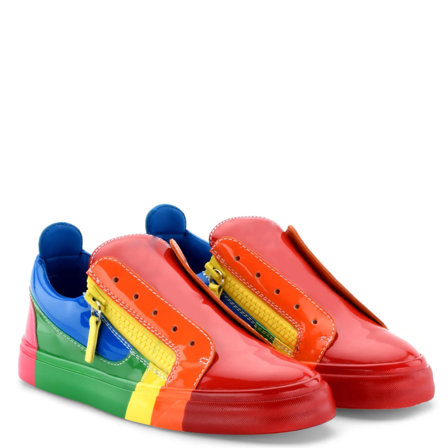 Neue Multicolor Gemalt Dicke Sohle Bunte Patent Leder Sneaker Doppel-reißverschluss Flache Runde Kappe Kontrast Patchwork Kausalen Schuhe