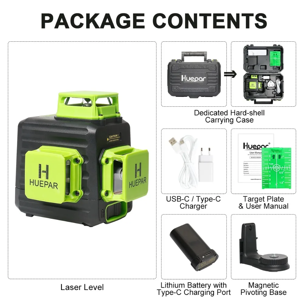 Huepar 3D Cross Line Self-leveling Laser Level 12 lines Green Beam Li-ion Battery with Type-C Charging Port & Hard Carry Case