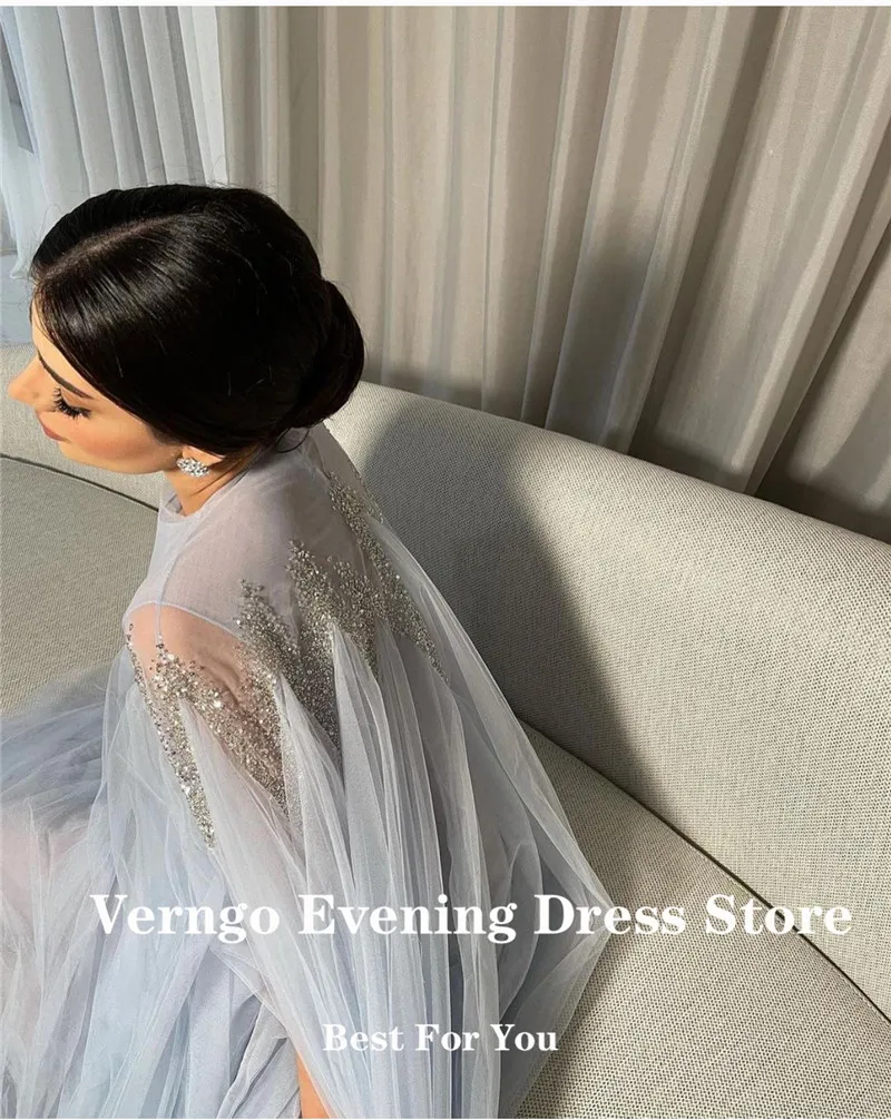 Verngo-Vestidos de Noche de tul azul claro para mujer, vestidos de fiesta formales con capa larga y cuentas brillantes de cristal y cuello redondo, estilo árabe de Dubai