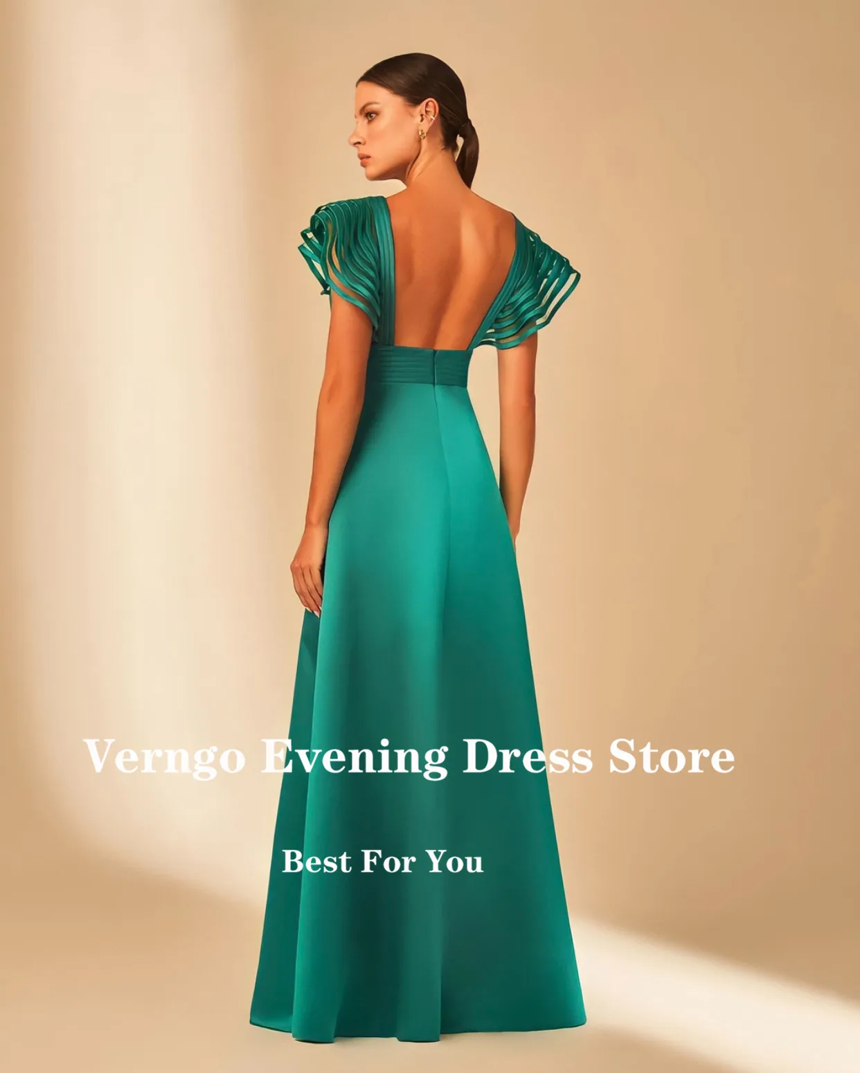 Verngo-vestido de noche de satén para mujer, traje moderno de corte en A, con mangas casquillo, cuello en V, abertura lateral, largo, para fiesta de graduación, para ocasiones especiales, color verde, 2023