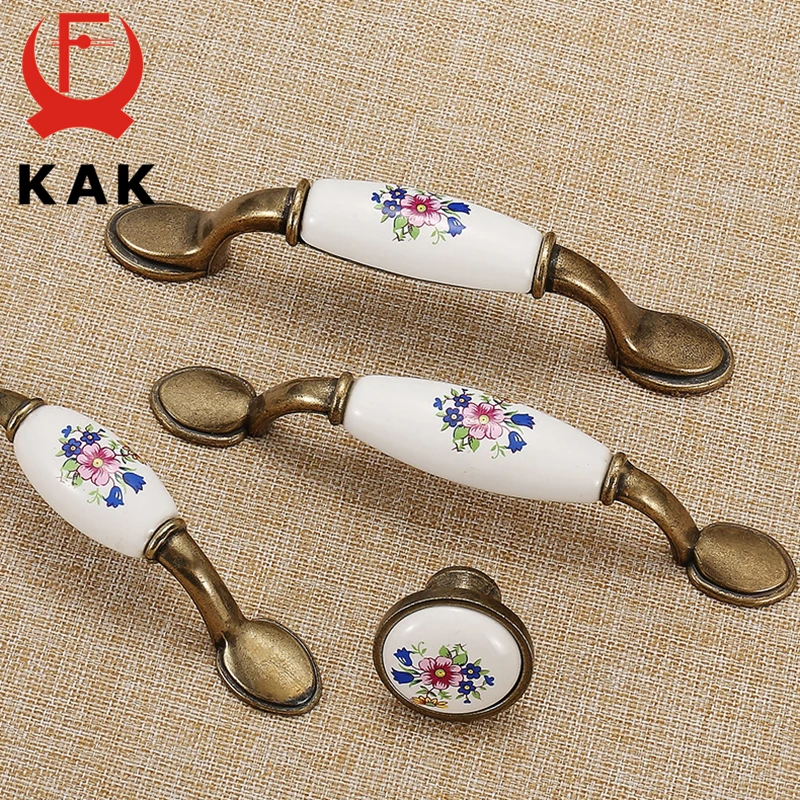 KAK Antique Bronze Ceramic Cabinet Handles Zinc Alloy Drawer Knobs Kitchen Wardrobe Door Pull European Furniture Handle Hardware