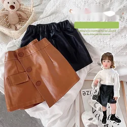 Leather Girls Skirt Pants Irregular Autumn New Pocket Skirts For Baby Girls 2-7Y Fashion Children Clothing Coffee Black Pants