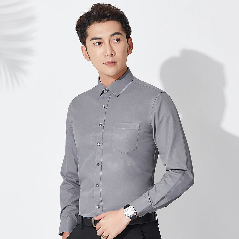 Men's Long Sleeve Standard-fit Solid Basic Dress Shirt Single Patch Pocket Formal Business Work Classic Office Striped Shirts