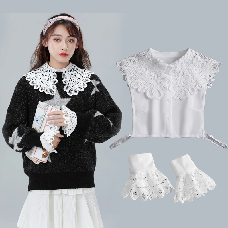 Women 2Pcs Large Lapel False Collar with Fake Sleeve Wristband Set Hollow Out Lace Detachable Half Shirt Horn Cuffs Dropshipping