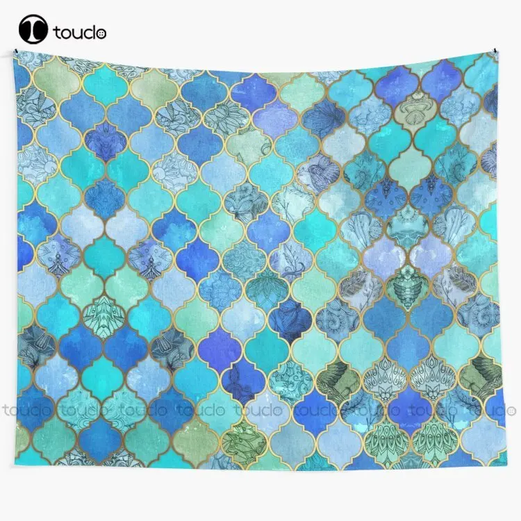 Cobalt Blue Aqua & Gold Decorative Moroccan Tile Pattern Tapestry Classy Tapestry Blanket Tapestry Bedroom Bedspread Decoration