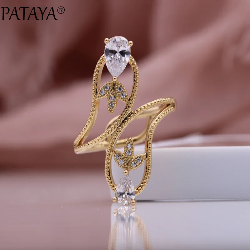 PATAYA New Water Drop Natural Zircon Rings 585 Rose Gold Color Fashion Jewelry Wedding Fine Clover Hyperbole Women Hollow Rings