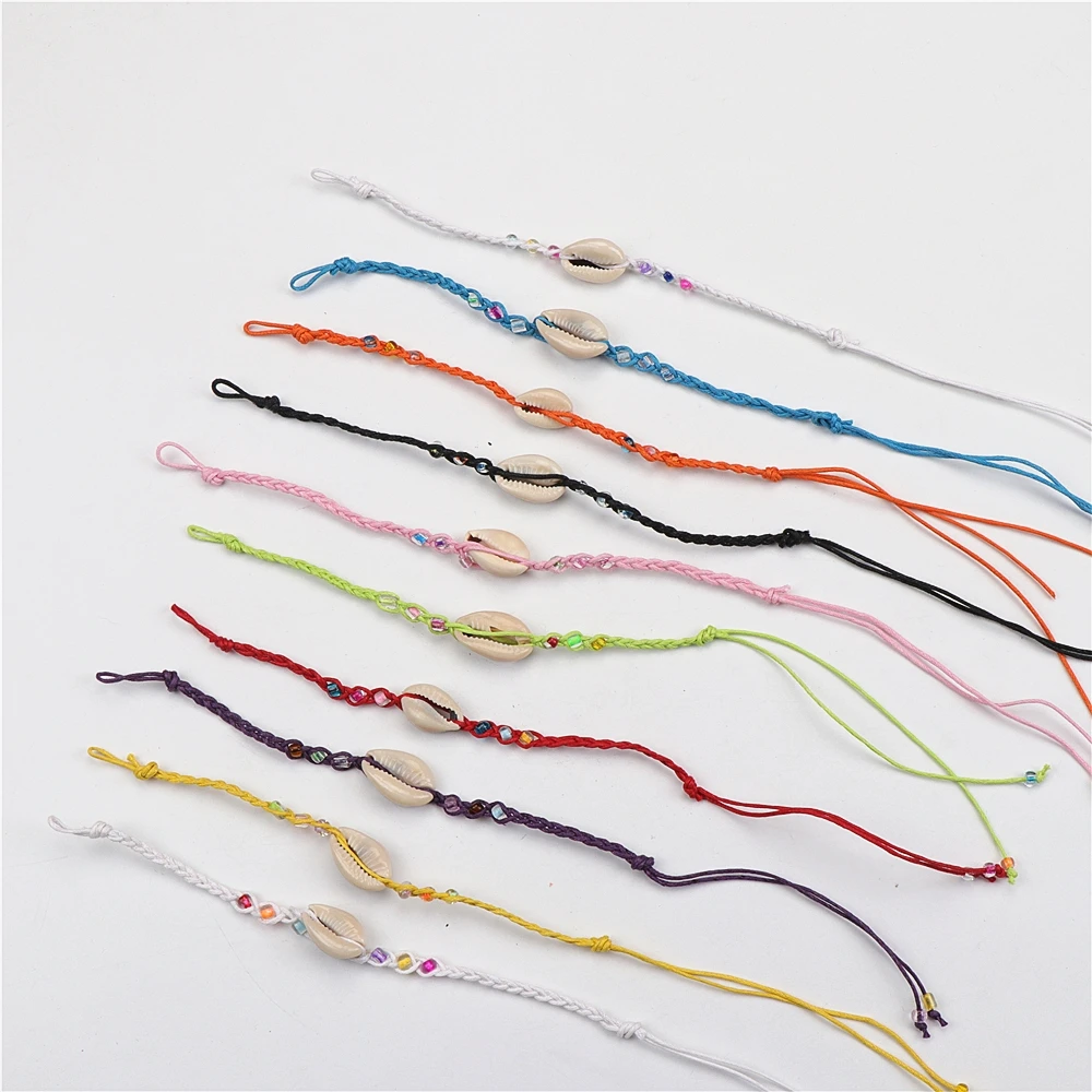 Wholesale Bulk Lots 50pcs Conch Shell Handmade Braided Cotton Rope Jewelry Cuff Bracelet For Women Mix Style Size Adjustable