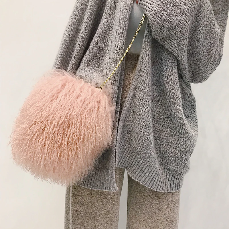 Fashion Women Bags Women Messenger Bags Wool Whole Fur Real Curly Crossbody Bags For Women Plush Chain Shoulder Bags