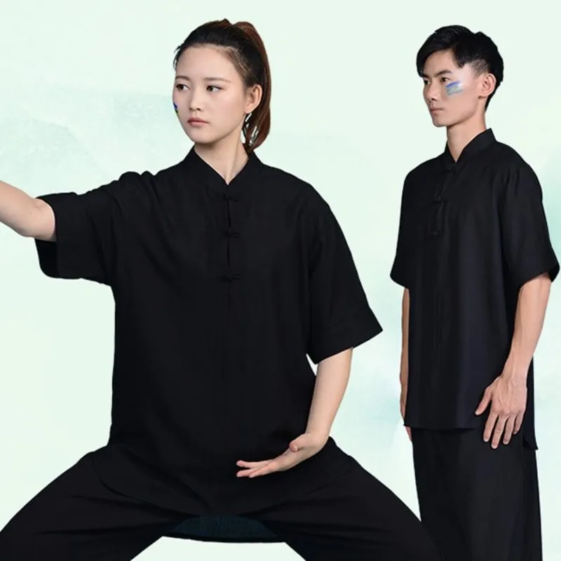 Thin Unisex Short Sleeve Kung Fu Shirt Martial Arts Cotton Linen Solid Color Wing Chun Tops Shirts Stand Collar Tai Chi Shirt