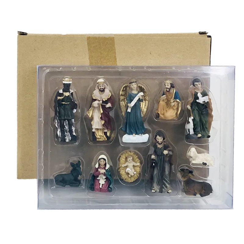 11Pcs/set Christmas Manger Combination Resin Crafts Small Ornaments Nativity Religious Sculpture Decoration