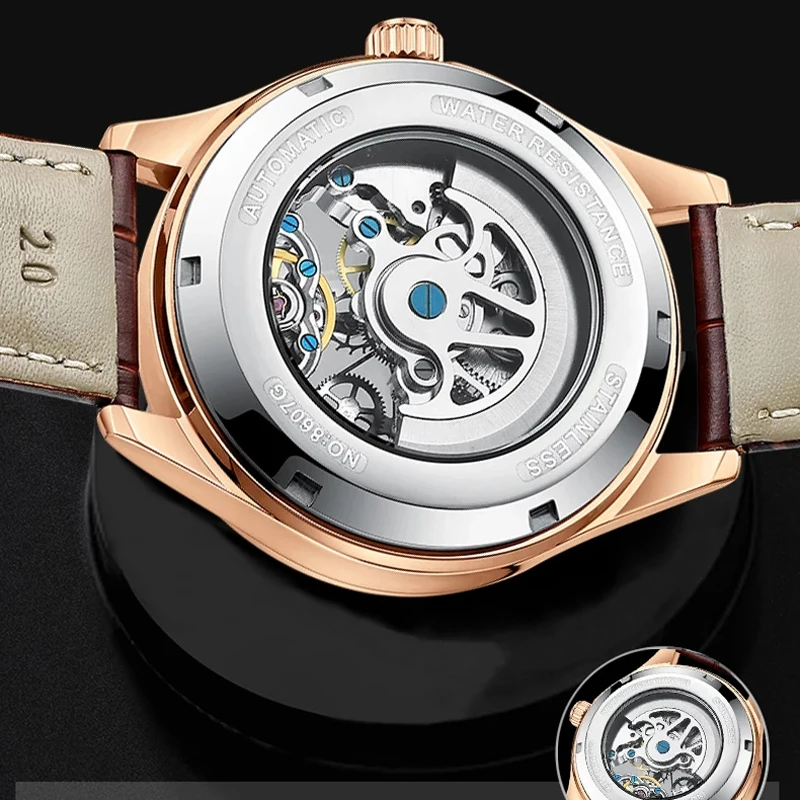 AILANG Watches Classic Rose Gold Case Male Skeleton Clocks Automatic Mechanical Brown Leather Hollow Watch Relogio