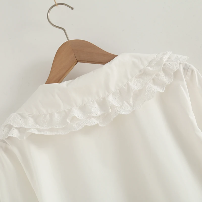 Kawaii Soft Girl Lolita Blouse Women Spring Autumn Long Sleeve Tops Cute Button Up Frilled Ruffle Peter Pan Collared Shirt White