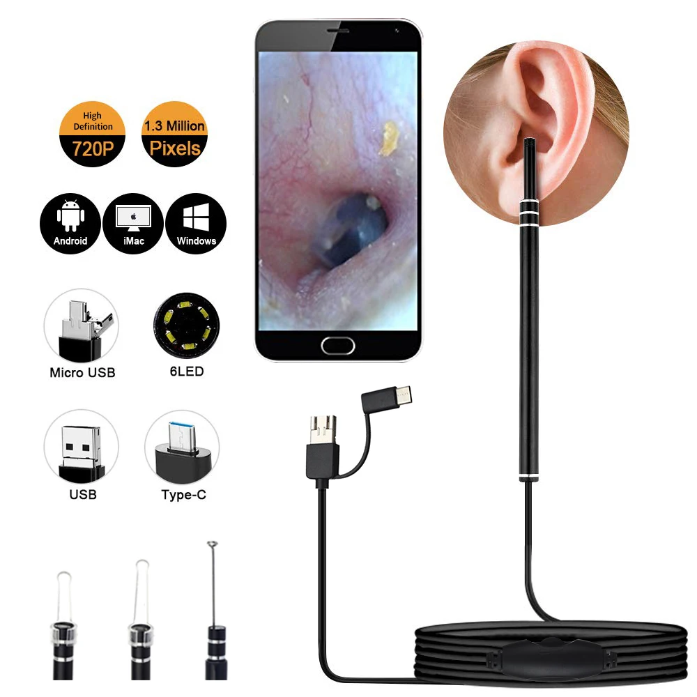 Medical In Ear Cleaning Endoscope Spoon Mini Camera Ear Picker Ear Wax Removal Visual Ear Mouth Nose Otoscope Support Android PC