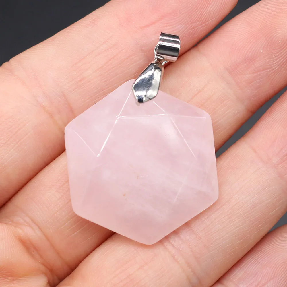 Natural Gem Rose Quartz Tiger Eye Stone Crystal Agate Hexagon Pendant DIY Necklace Earring Jewelry Accessories Party Gift Making