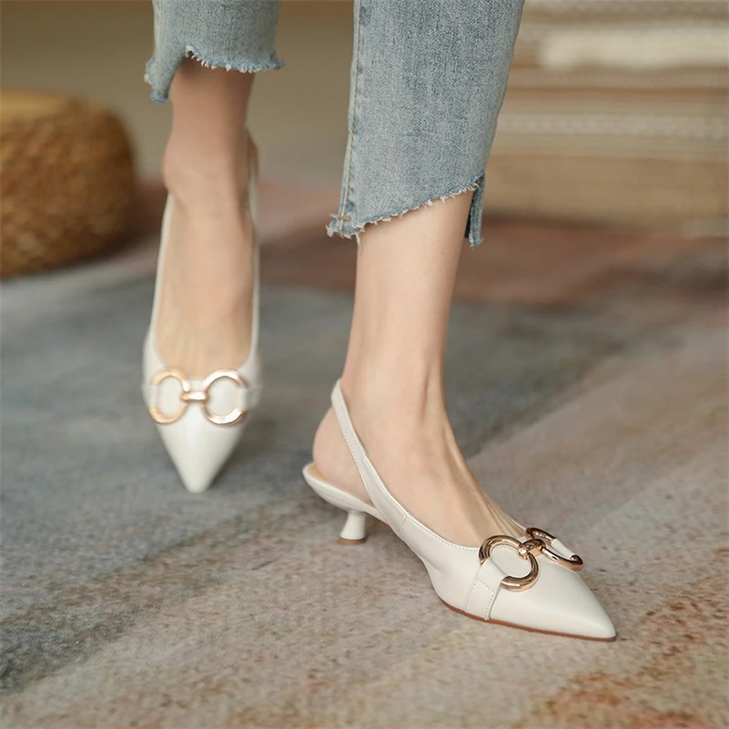 Meotina Genuine Leather Women Slingbacks Shoes Buckle Chain Thin Heels Pumps Pointed Toe Med Heel Ladies Footwear Spring Beige