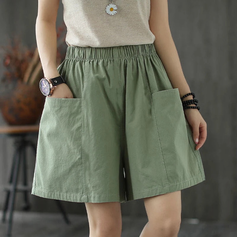 

Cotton Casual Loose Shorts Women 2021 Elasticity Harajuku Solid Simple Oversize Short Trousers Female Home Large Pocket Shorts