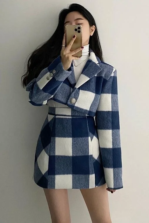 Single Button Blue White Plaid Woolen Sets Fashion Autumn Notched Long Sleeve Crop Coat High Waist Plaid Skirt Two-piece Suit