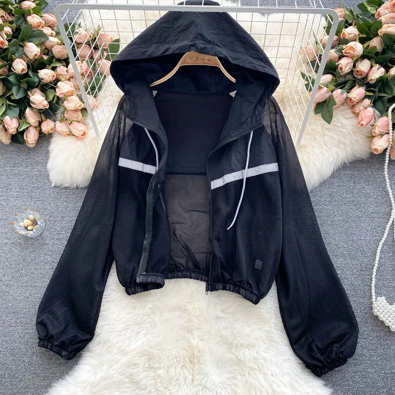 2PCS Sportswear Set Women\'s Casual Hoodies Jacket Hollow Out Long Sleeve Sunscreen Jacket Hot Short Wide Leg Pants Two-piece Set