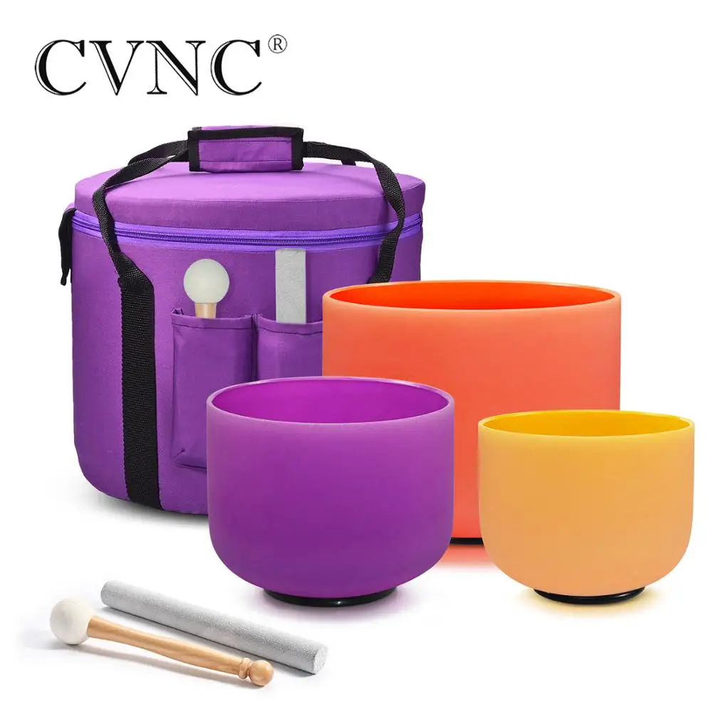 

CVNC 8"E 10"B 12"D Colored Frosted Quartz Crystal Singing Bowls set of 3pcs for Sound Healing and Meditation with Purple Bag