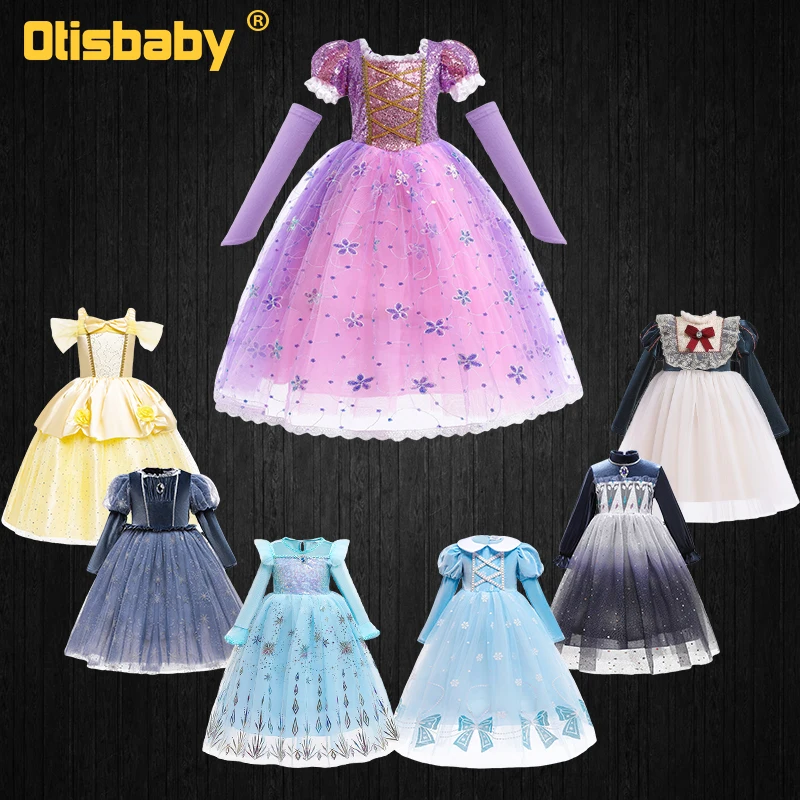 

Fancy Girl Snow Queen Elsa 2 Rapunzel Belle Princess Dress Up Disguised Child Christmas Birthday Party Ball Gown Belle Costume