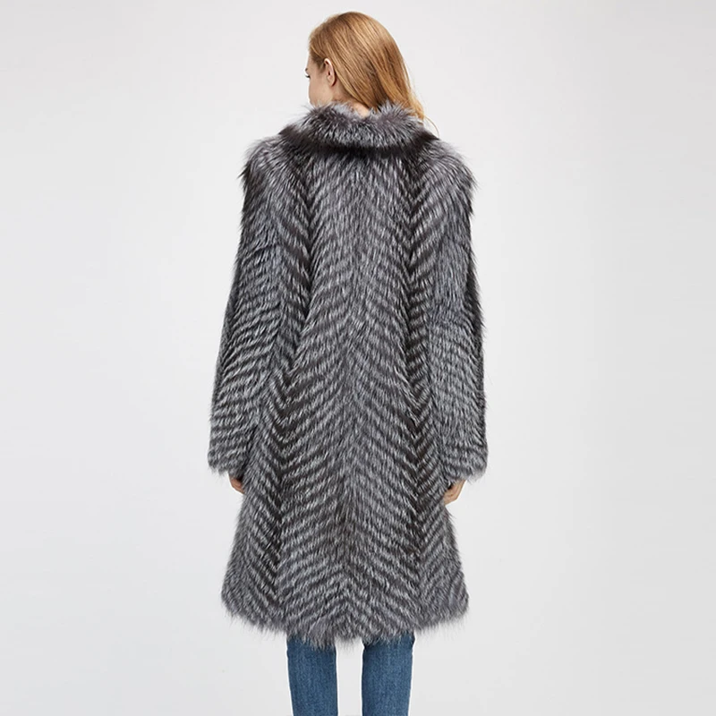 Winter fur coat real silver fox fur long coat female fox fur collar