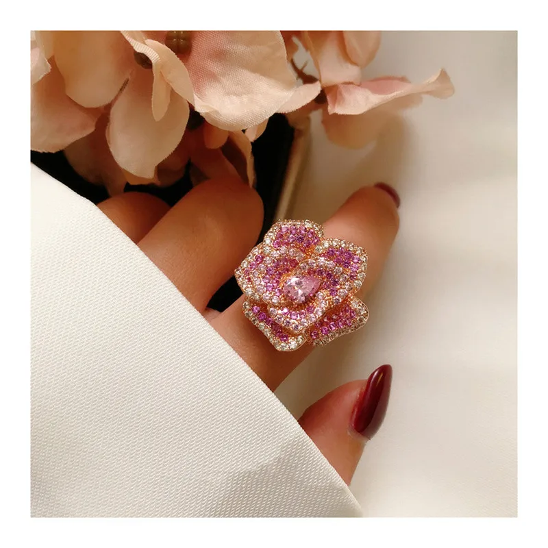 Jewelry Sets For Women S925 Silver Needle Pink CZ Stereoscopic Rose Flower Open Adjustable Stud Earrings Index Finger Ring