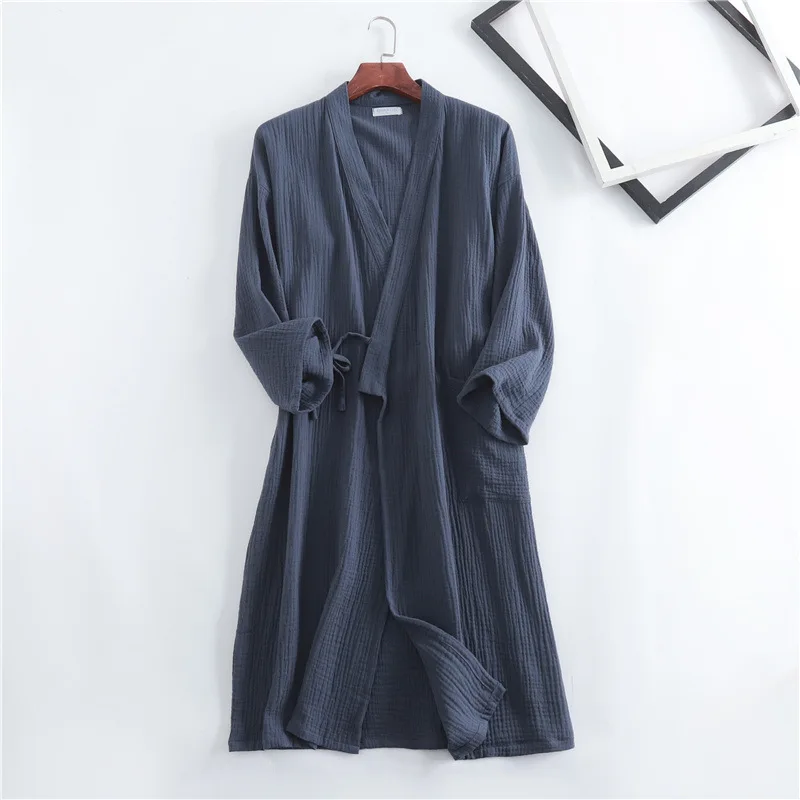 Couples Crepe Gauze Bathrobe Solid 100% Cotton Robe Long-sleeved V-neck Kimono Wedding Robes Sleepwear Plus Size Dressing Gown