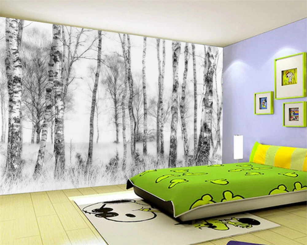 Aangepaste Behang Grote Boom Muurschildering Zwart En Wit Berkenbos Achtergrond Decoratieve Schilderkunst Zelfklevende Materiaal Mural Foto