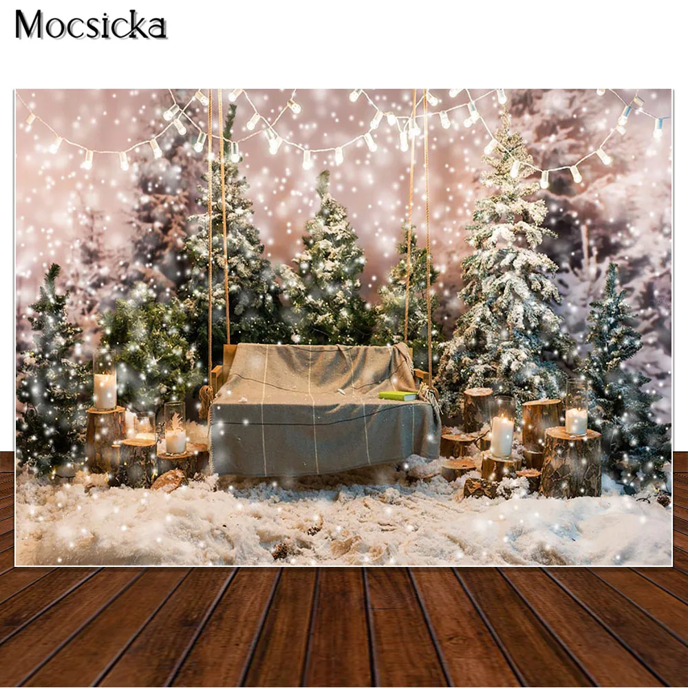 MOCSICKA Winter Christmas Snow Backdrops for Photography Candle Lights Decor Kids Portrait Photo Props Studio Booth Background