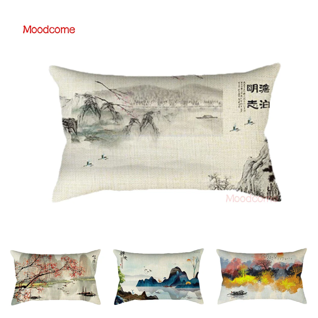 Colorful New Chinese Ink Painting Scene Sunrise Calligraphy Pastoral Art Reading Room Decor Rectangle Waist Pillow Cushion Cover