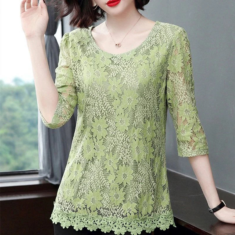 Women Spring Summer Style Lace Blouses Shirts Lady Casual Half Sleeve Flower Printed Lace Blusas Tops ZZ0333